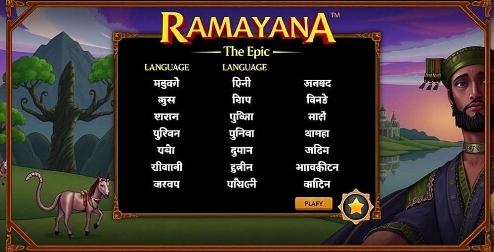 Language selection interface in Ramayana The Epic showing various Indian language options